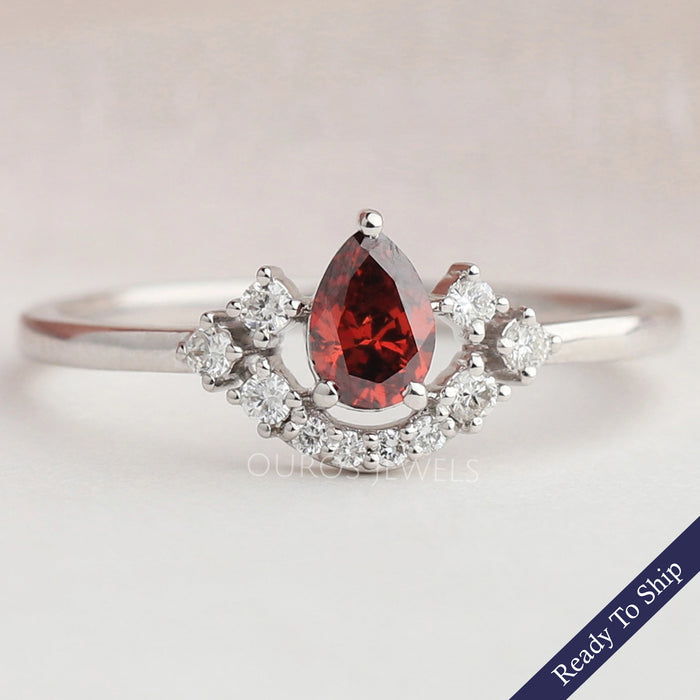 Red Pear Diamond Curved Halo Ring