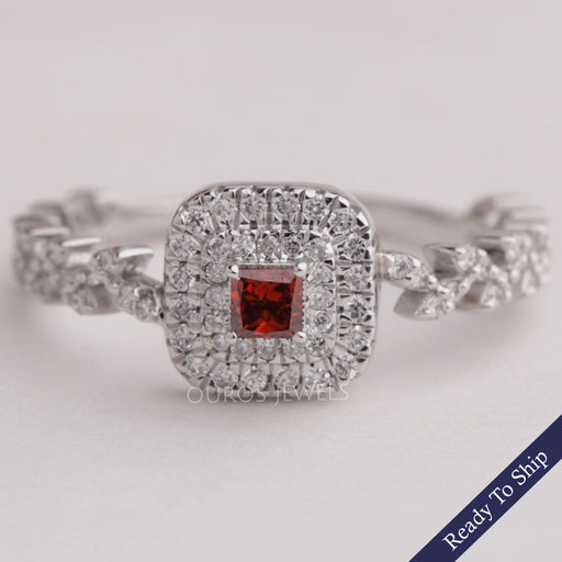 Red Princess Cut Double Halo Accent Diamond Ring