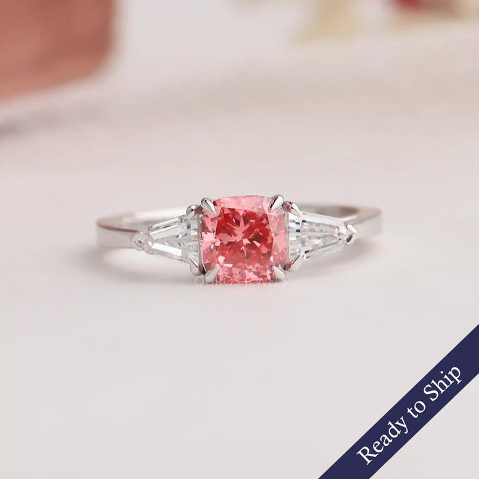 1.10 Carat Pink Cushion Cut Diamond Three Stone Engagement Ring