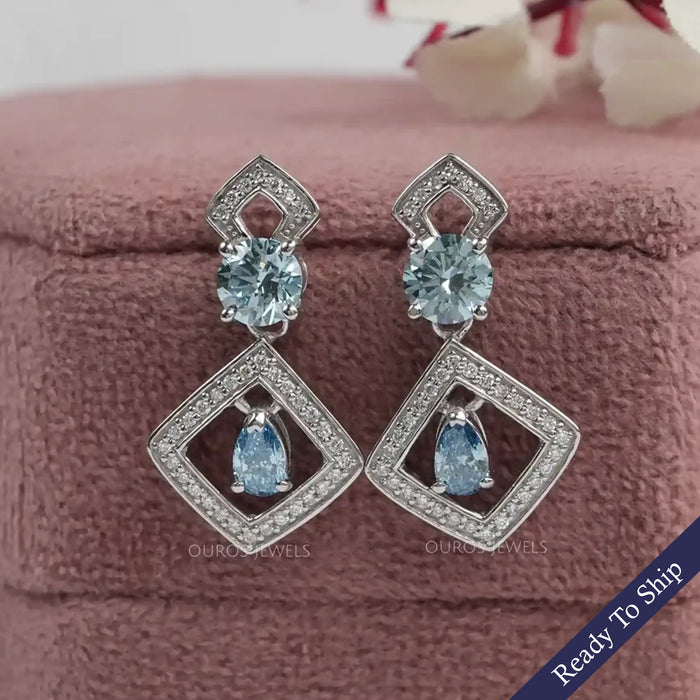 Blue Pear And Round Lab Diamond Drop Earrings Earrings