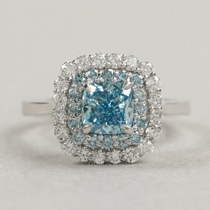 Fancy Blue Cushion Cut Double Halo Lab Diamond Ring Rings