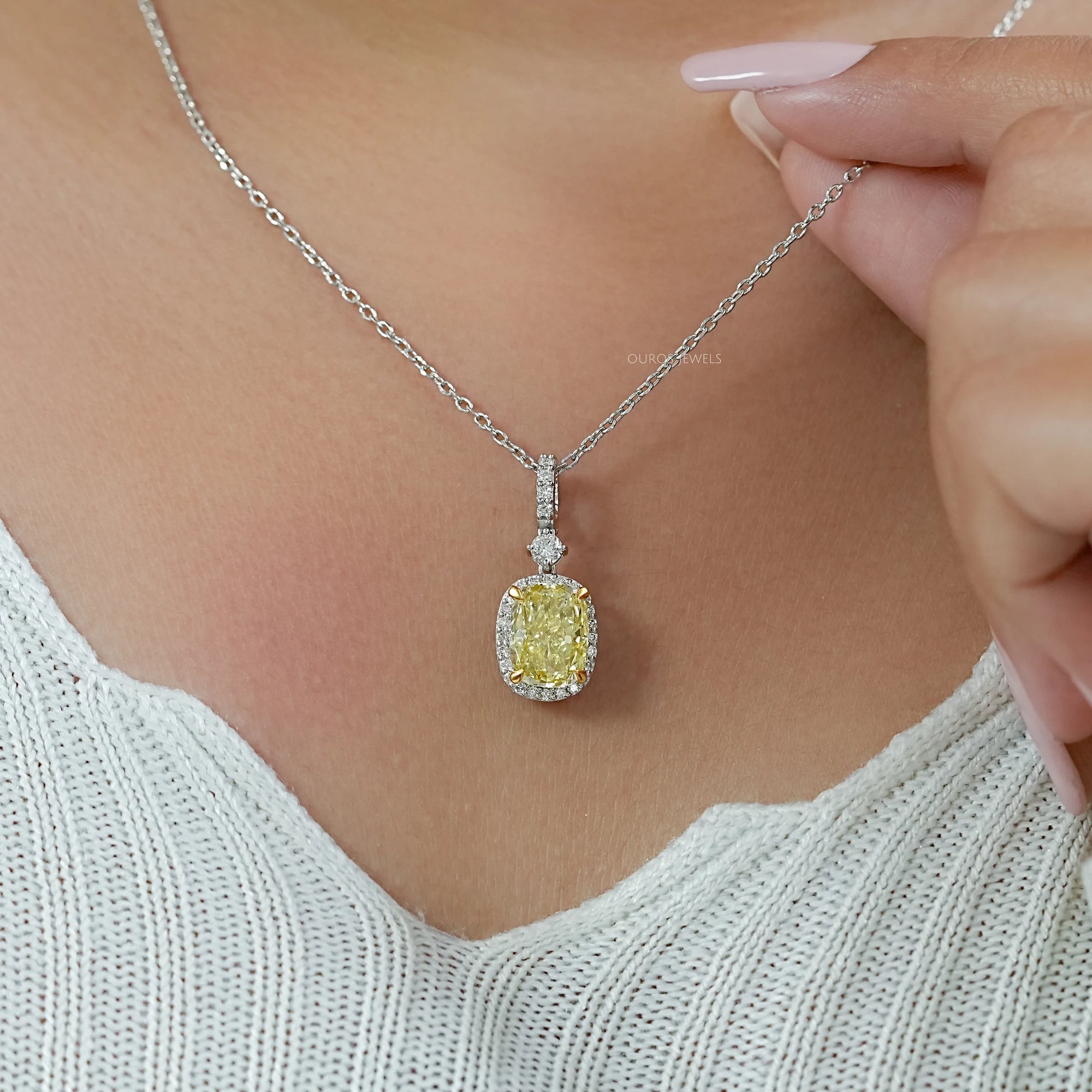 Fancy Intense Yellow Cushion Diamond Halo Pendant