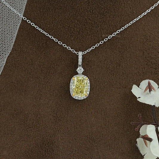 Fancy Intense Yellow Cushion Diamond Halo Pendant Necklaces