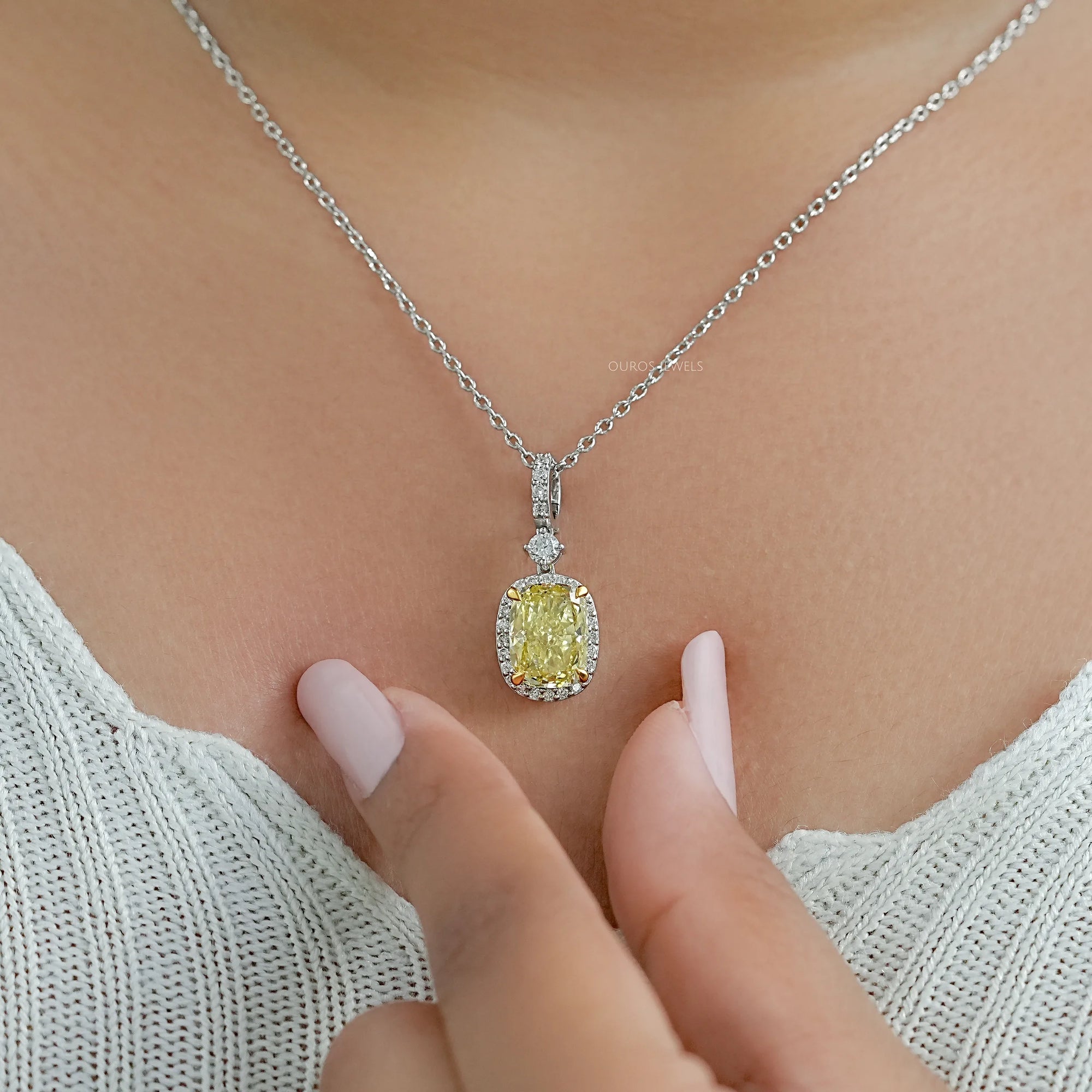 Fancy Intense Yellow Cushion Diamond Halo Pendant