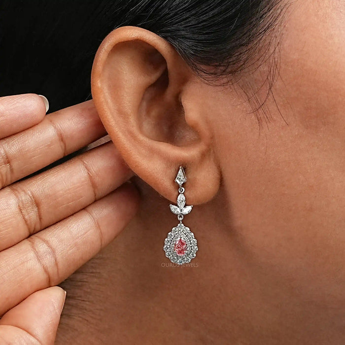 Pink Pear Shape Double Halo Drop Earrings Earrings