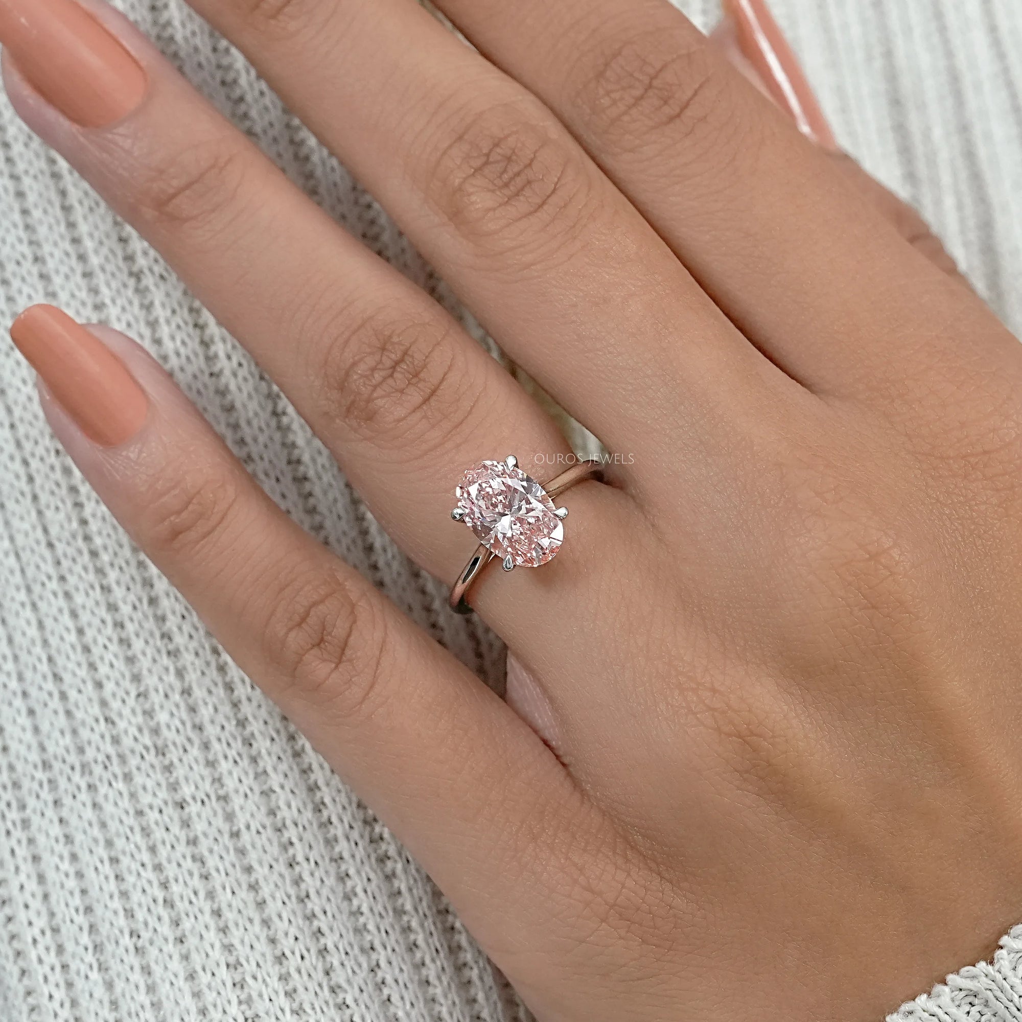 Fancy Vivid Pink Oval Lab Diamond Solitaire Ring Ring