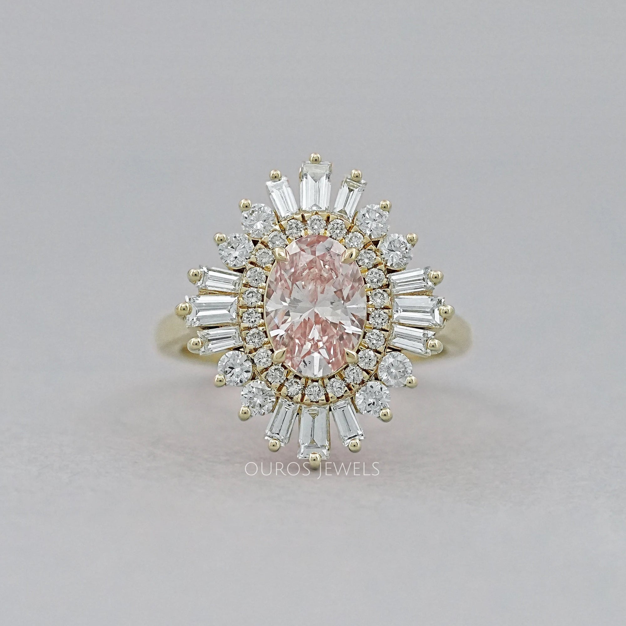 Fancy Vivid Pink Oval Cut Double Halo Sunbrust Ring