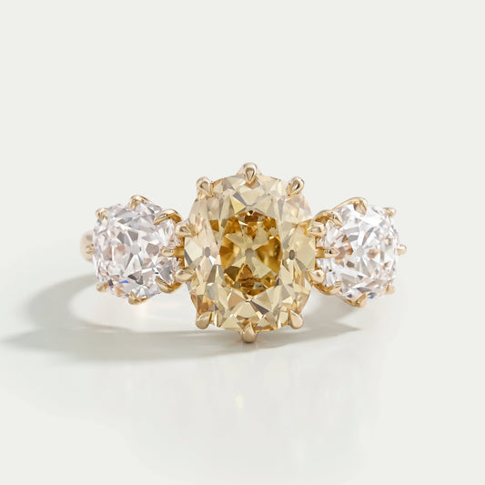 Fancy Yellow Old Mine Cushion Diamond Three Stone Ring Rings