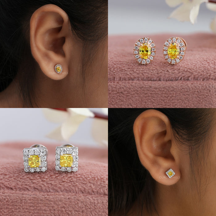 Yellow Princess & Oval Cut Halo Stud Earrings