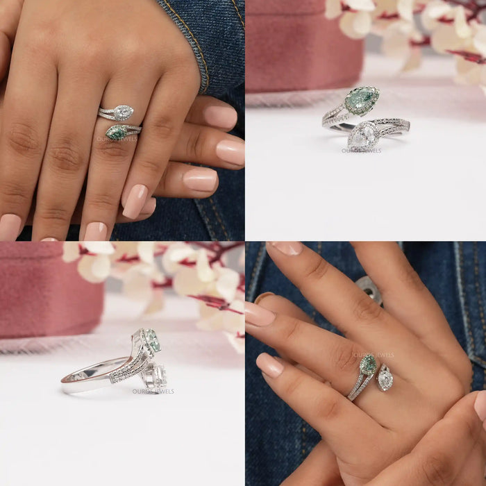 [Collage grid of Green Colored Pear Diamond Ring]-[Ouros Jewels]