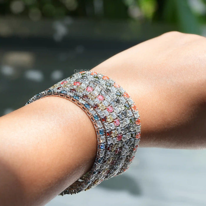 [A Women wearing Round Cut Lab Diamond Bracelet]-[Ouros Jewels]