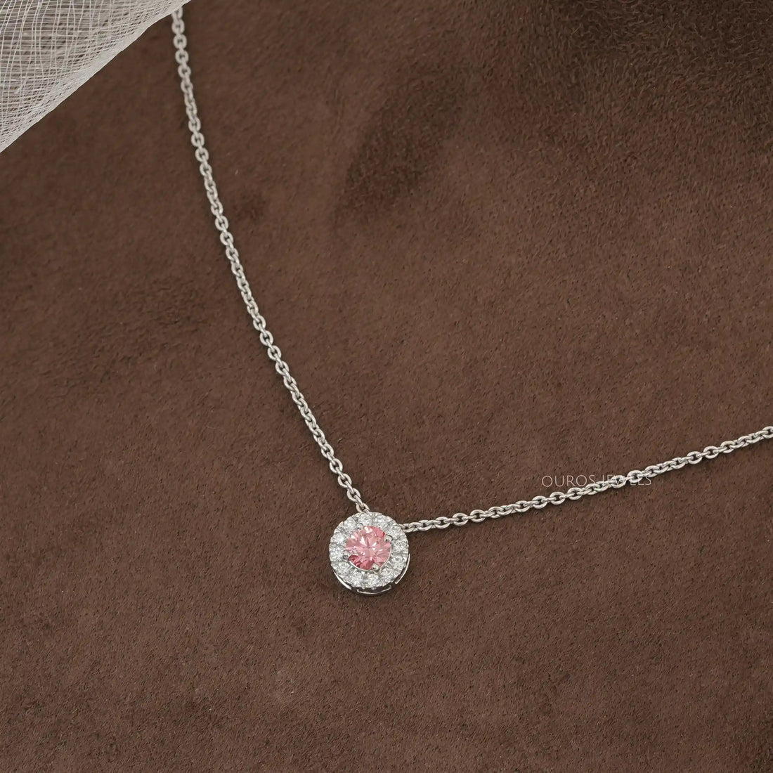 Pink Round Cut Diamond Halo Pendant Necklaces