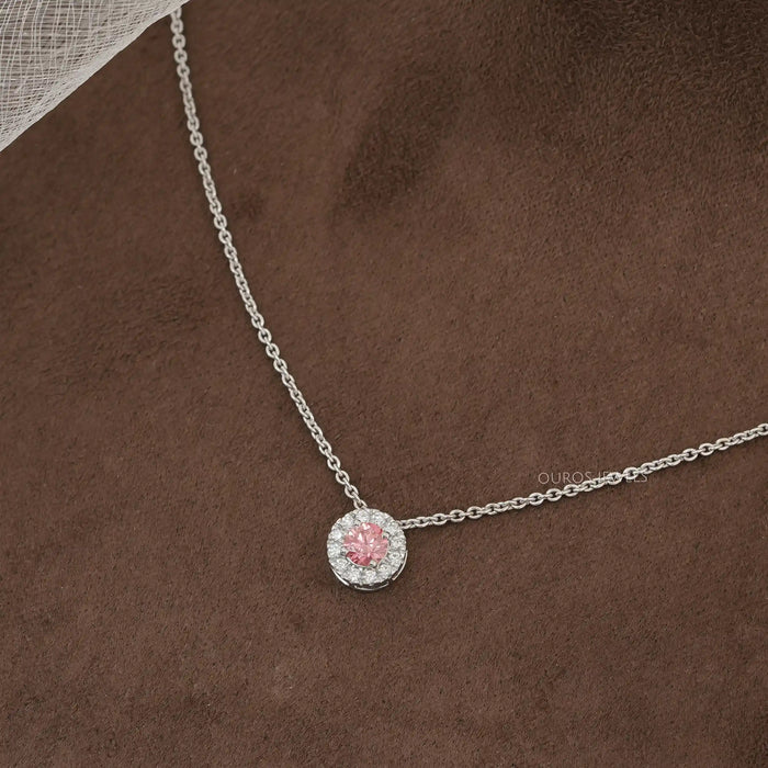 Pink Round And With Halo Diamond Pendant