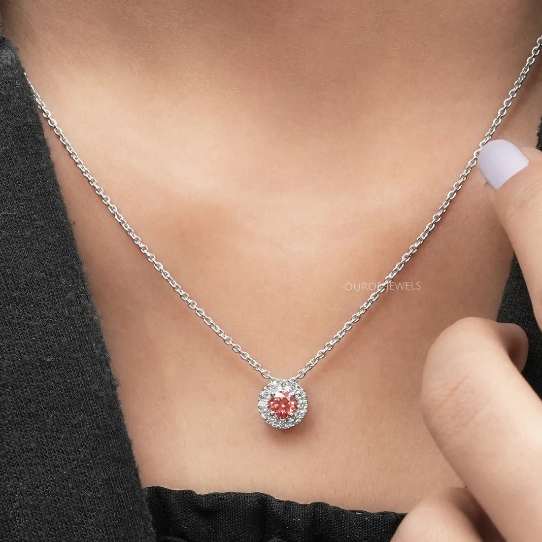 Pink Round Cut Diamond Halo Pendant Necklaces