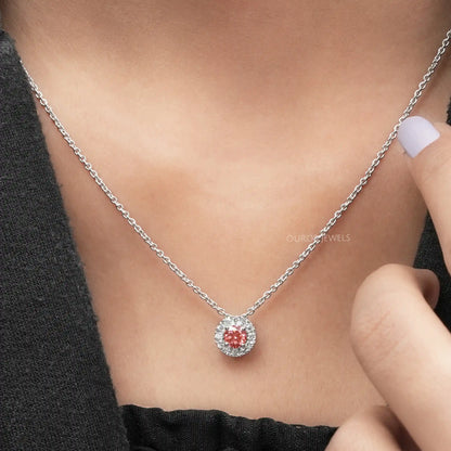 Pink Round Cut Diamond Halo Pendant Necklaces