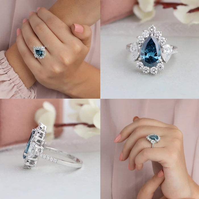 [Fancy Vivid Greenish Blue Pear Diamond Halo Engagement Ring]-[Ouros Jewels]