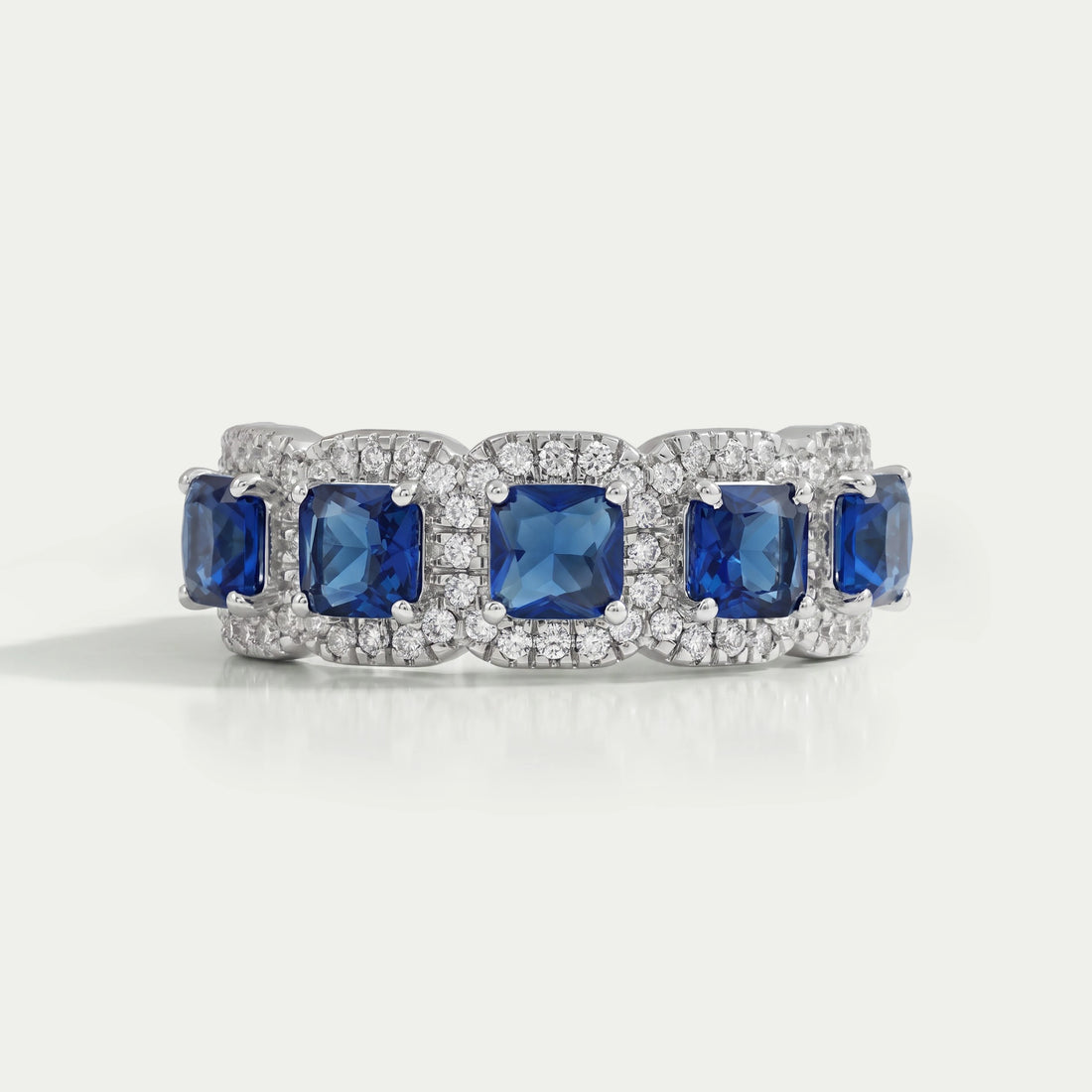 Five Stone Blue Asscher Cut Gemstone Halo Diamond Ring Rings