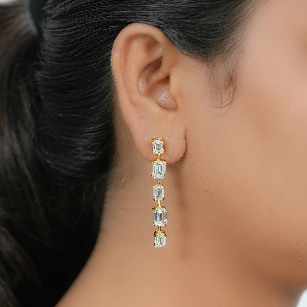 Emerald Lab Diamond Liner Drop Earrings