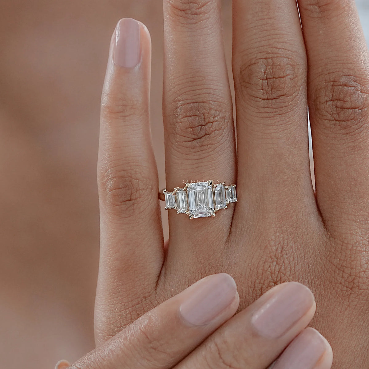 Five Stone Emerald And Baguette Diamond Engagement Ring Rings
