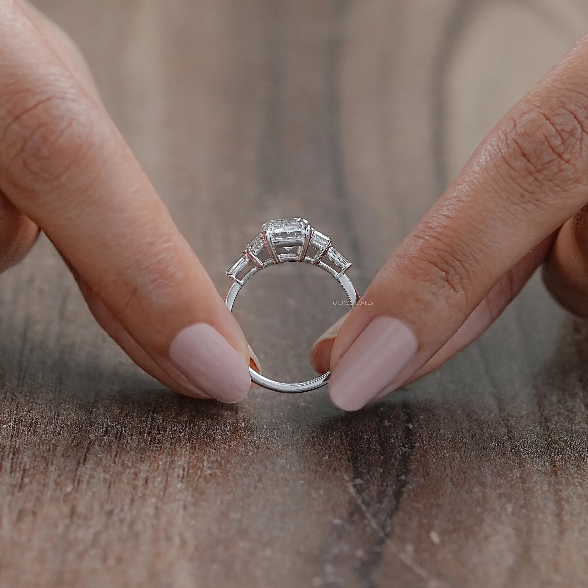 Emerald And Trapezoid Lab Diamond Five Stone Engagement Ring Rings