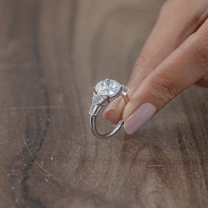 Round And Trapezoid Lab Diamond Five Stone Engagement Ring Rings