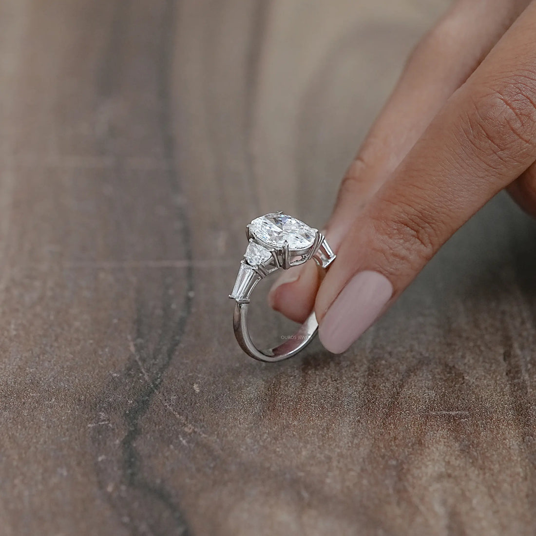 Oval And Half Moon Diamond Five Stone Engagement Ring Rings