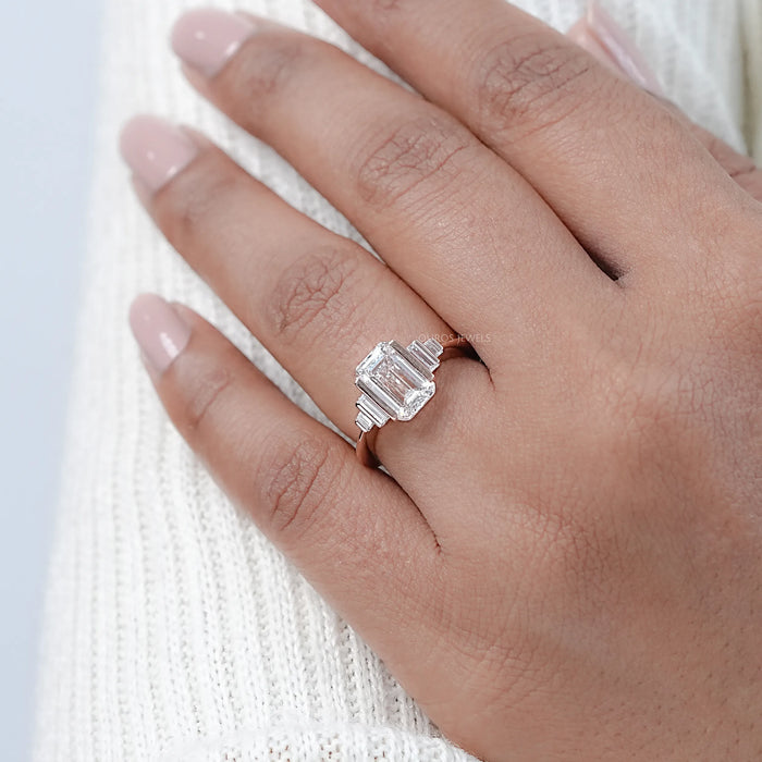 Emerald Half Bezel Set Baguette Diamond Engagement Ring Rings