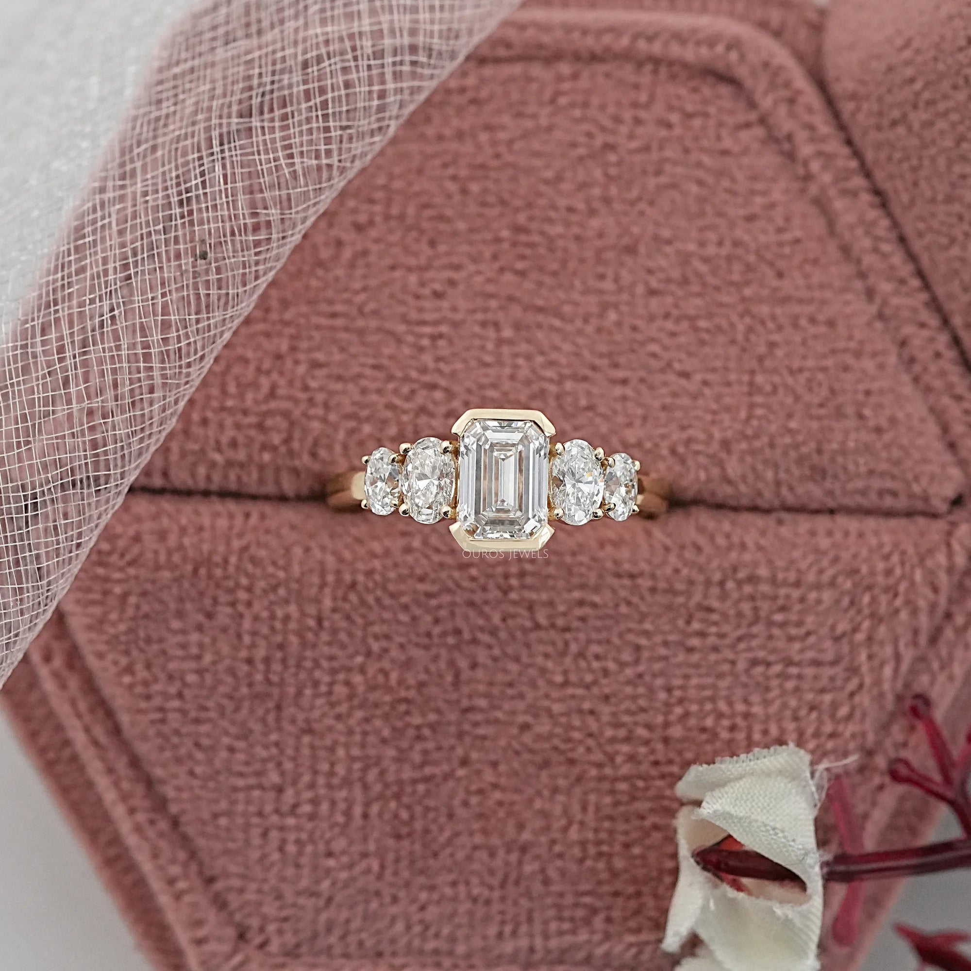 Half Bezel Emerald And Oval Five Stone Engagement Ring Rings