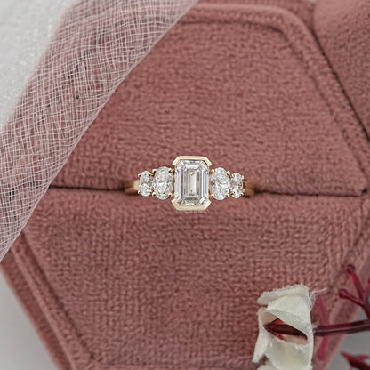 Half Bezel Emerald And Oval Five Stone Engagement Ring Rings