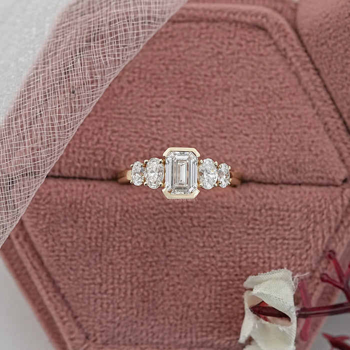 Half Bezel Emerald And Oval Five Stone Engagement Ring Rings