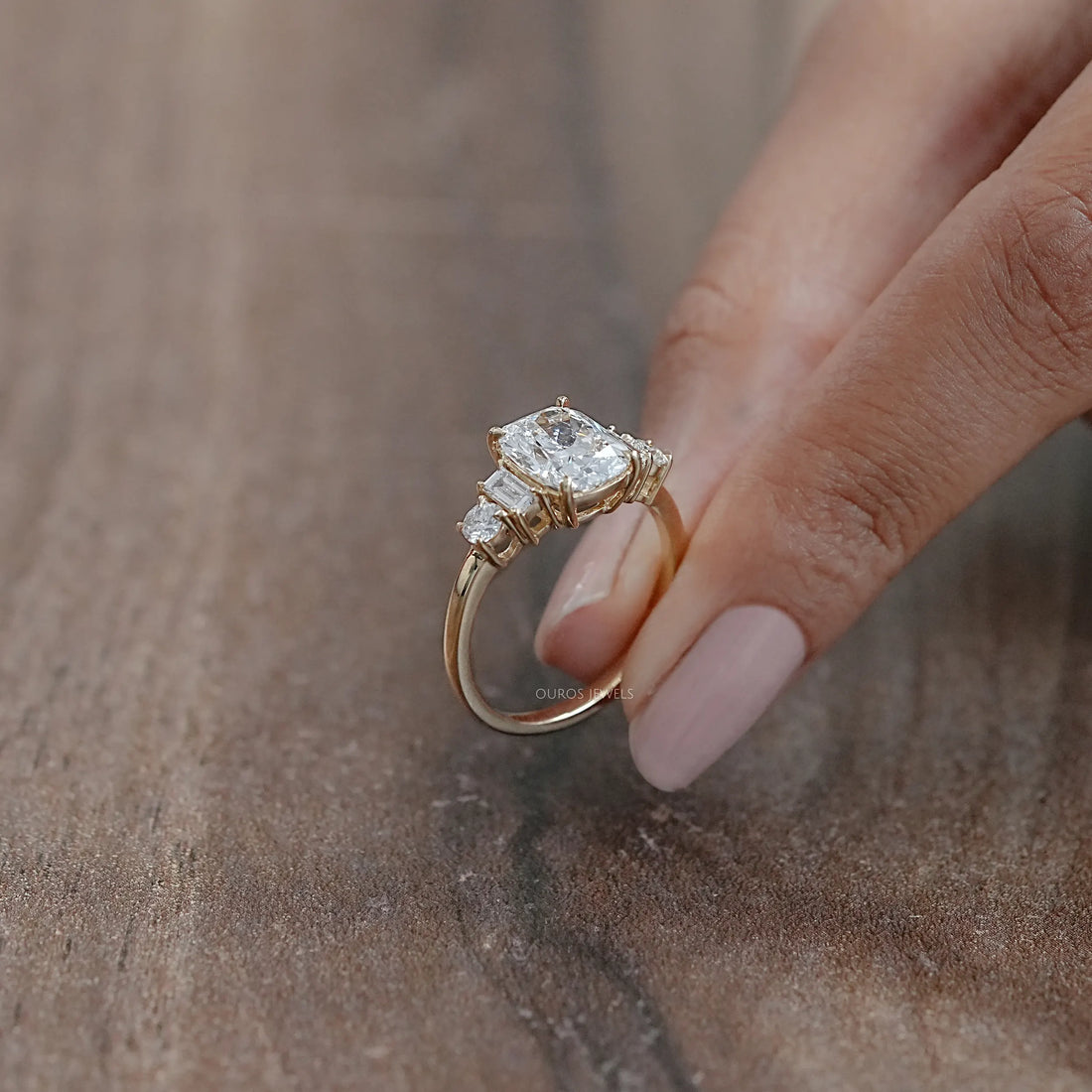 Elongated Cushion And Baguette Diamond Five Stone Engagement Ring Rings