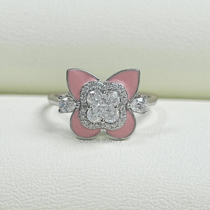 Floral Diamond With Pink Enamel Ring Ring
