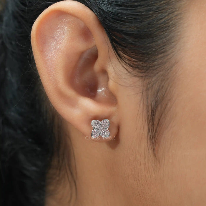[A Women wearing Floral Diamond Earrings]-[Ouros Jewels]