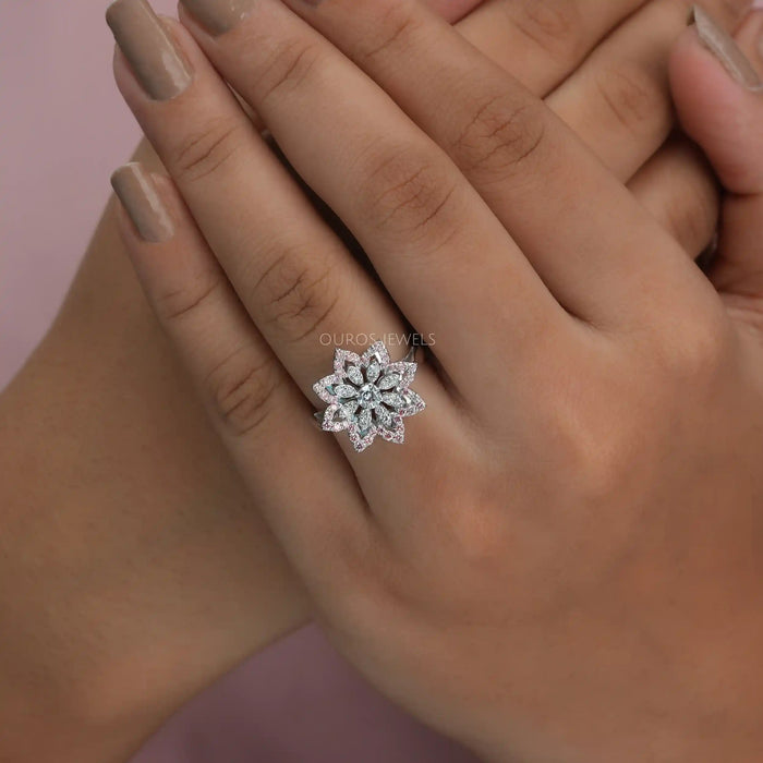 [A Women wearing Floral Shape Lab Diamond Ring]-[Ouros Jewels]