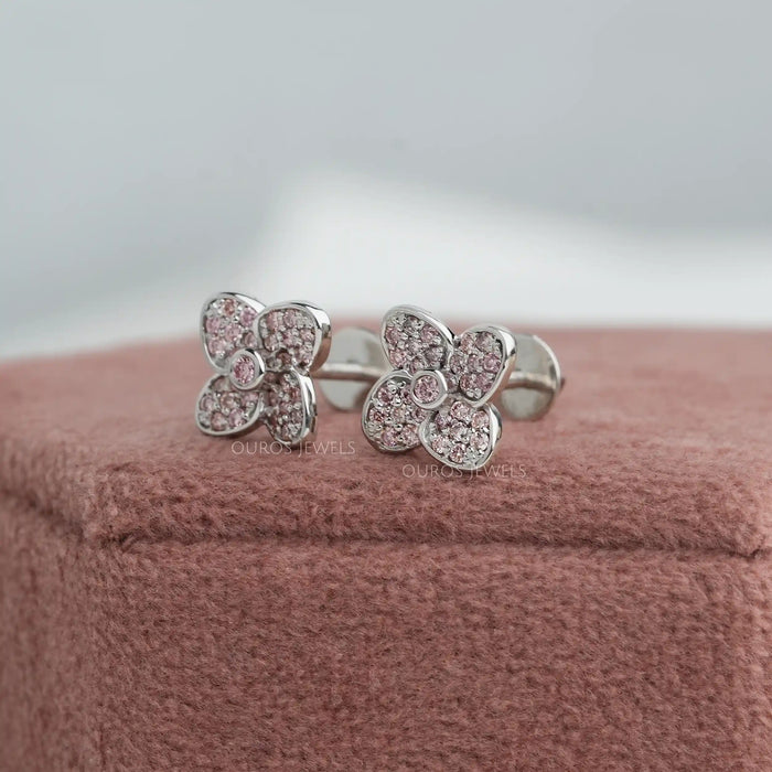 [Pink Floral Round Diamond Earrings]-[Ouros Jewels]
