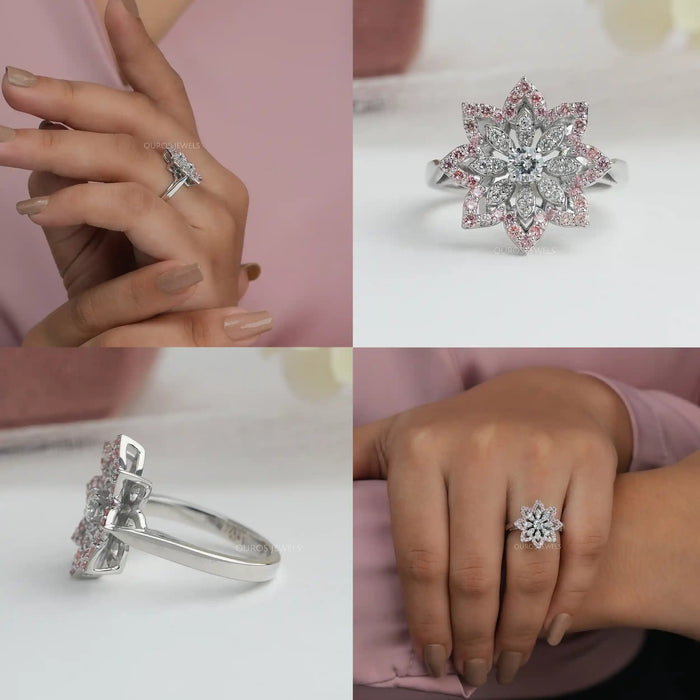[Collage of White Gold Floral Diamond Engagement Ring]-[Ouros Jewels]