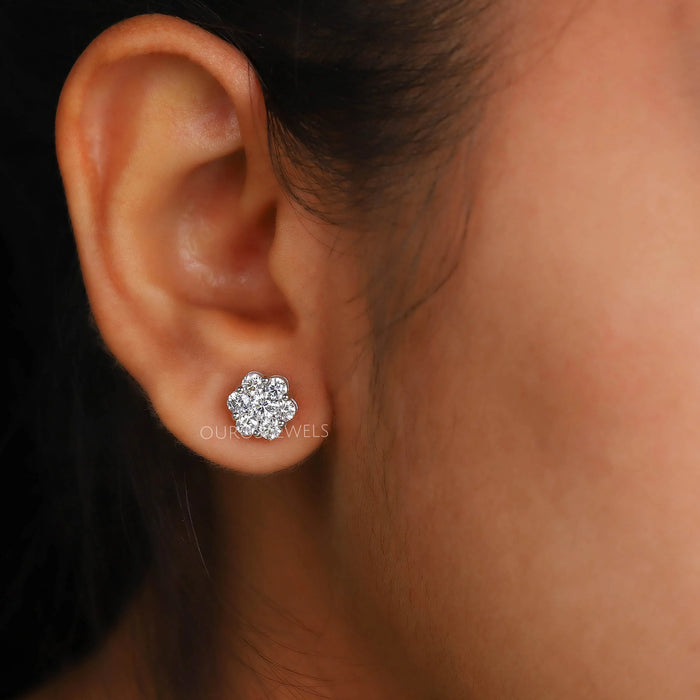 Floral Style Round Cut Halo Stud Earrings Earring