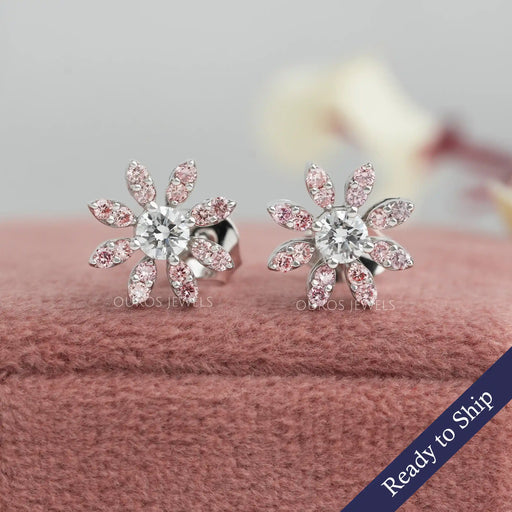 [Flower Shape Round Pink Diamond Push Back Earrings for Her]-[Ouros Jewels]
