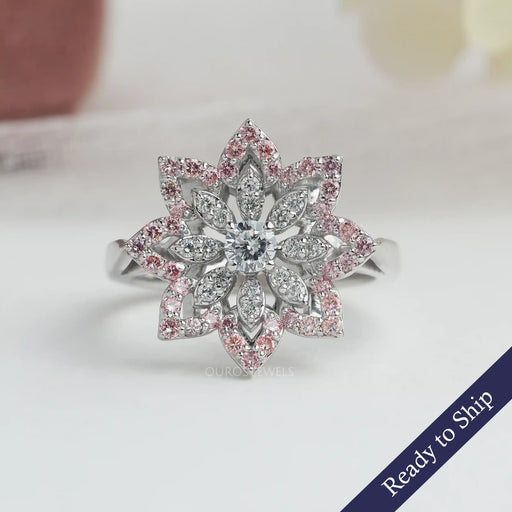 [Flower Style Round Diamond Ring]-[Ouros Jewels]