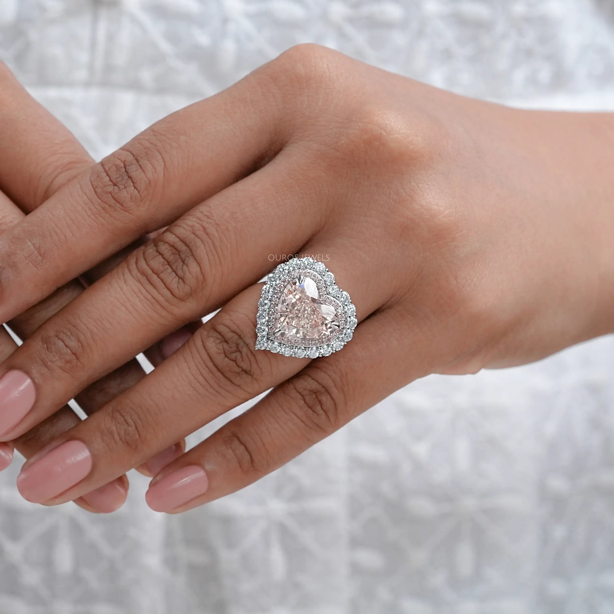 Double Halo Pink Heart Cut Lab Diamond Engagement ring Rings