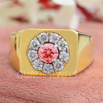 Pink Round Cut Diamond Halo Men's Ring