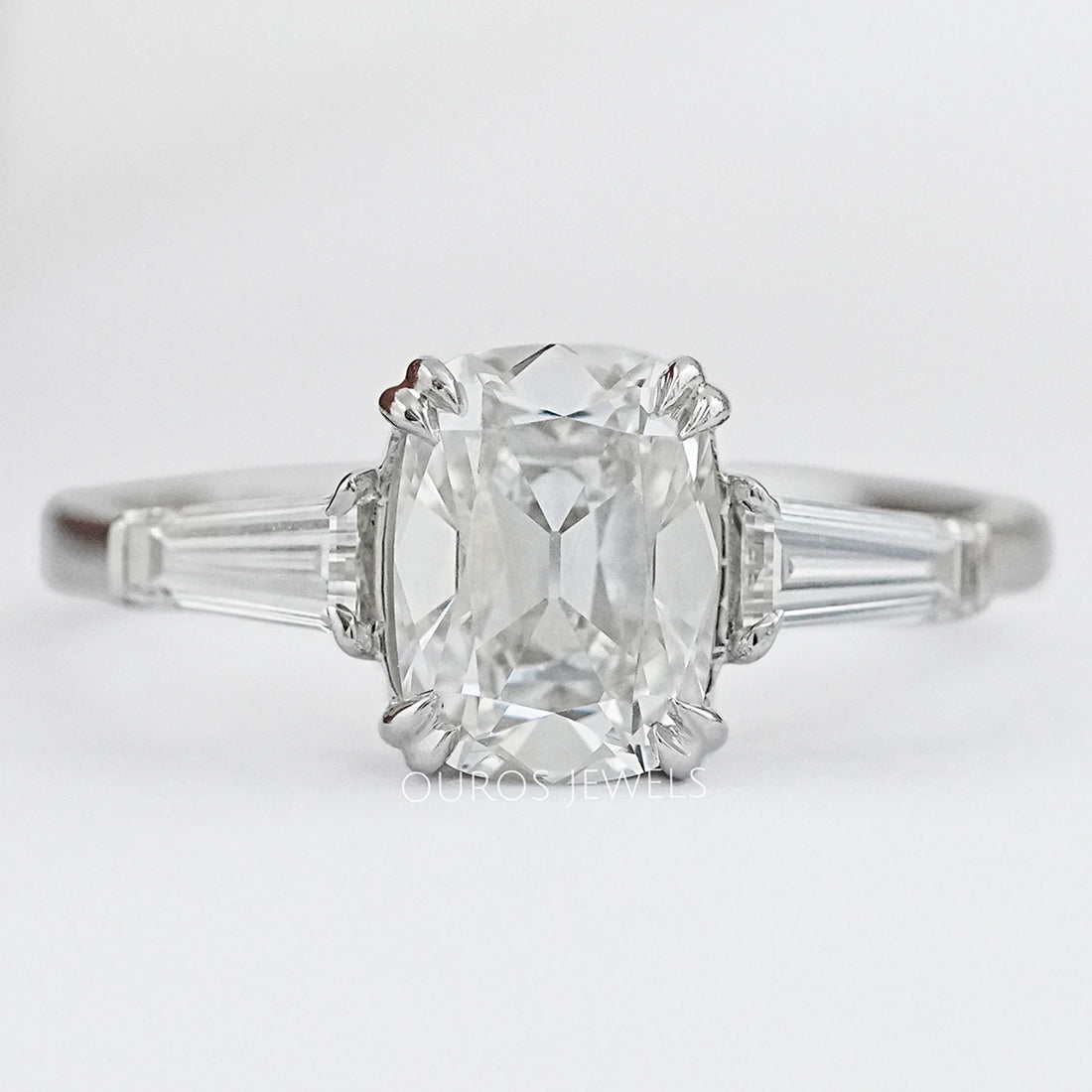 Three Stone Old Mine Cushion Cut Diamond Engagement Ring Ring