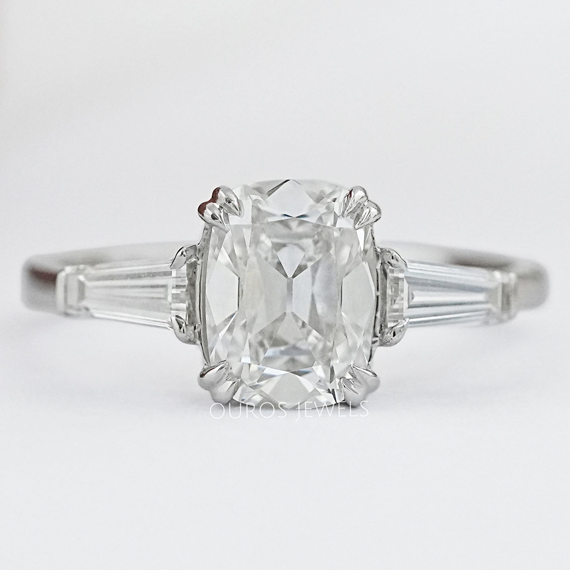 Three Stone Old Mine Cushion Cut Diamond Engagement Ring Ring