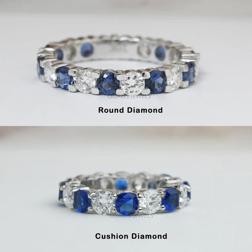 [Blue Cushion And  Colorless Round Diamond Eternity Band]-[Ouros Jewels]