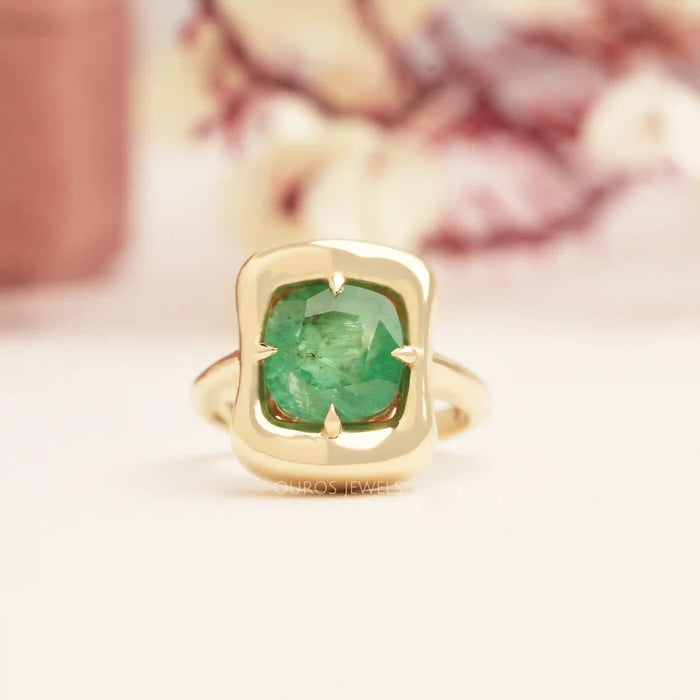 [Front View of Emerald Stone Cushion Cut Ring]-[Ouros Jewels]