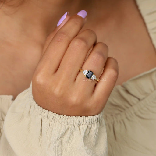 3 Stone Emerald Shape Black Lab GemStone Engagement Ring