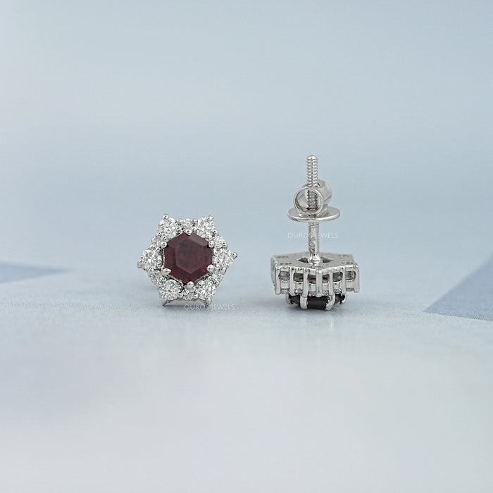 Floral Hexagon Cut Red Ruby Gemstone Cluster Stud Earrings Earring