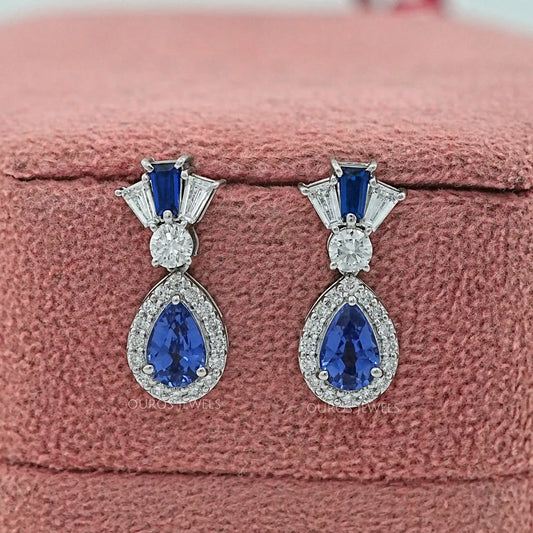 Pear Blue Gemstone And Tapered Baguette Halo Drop Earrings Earrings