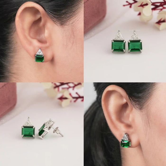 Emerald Green Gemstone and Triangle Diamond Stud Earrings