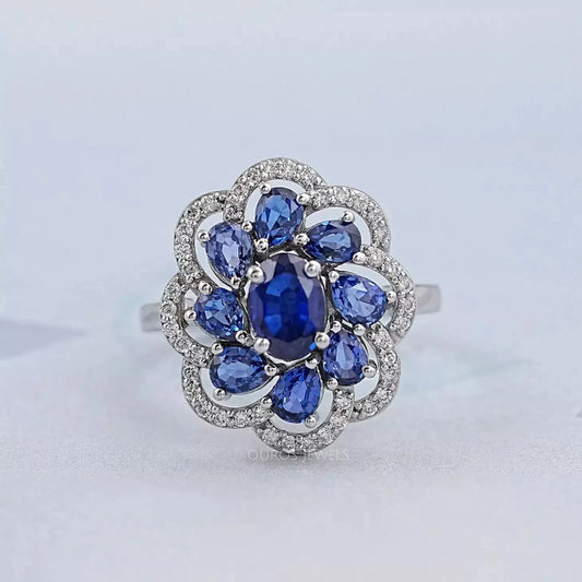 Blue Sapphire and Diamond Floral Halo Ring